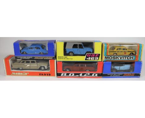 6 Russian produced 1:43 scale vehicles. A ZIL style Limousine. A UAZ-469 4x4 cross-country vehicle. A Volga 4-door Station Wa