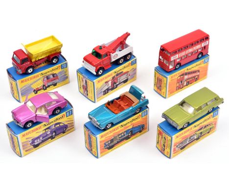 6 Matchbox Superfast. 67. Volkswagen 1600TL, in metallic pink, with clear glazing, white interior, unpainted base with wide w