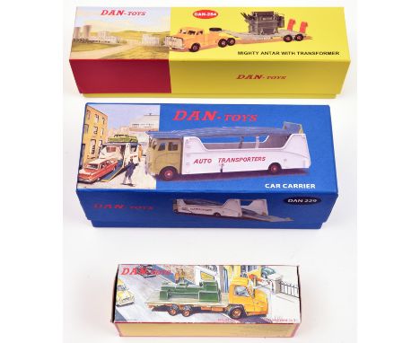 3 DAN-Toys Dinky. Mighty Antar with Transformer (284) in yellow and grey with transformer. Plus a Car Carrier (229) in light 