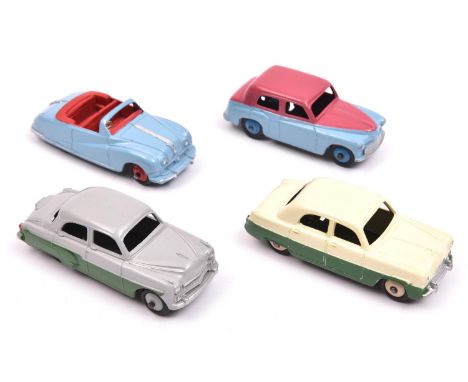 4 Dinky Toys Cars. Hillman Minx (154), example in cerise and light blue, with mid blue wheels. Ford Zephyr (162) in cream and