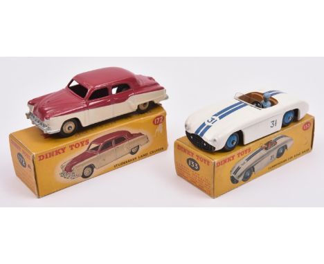 3 Dinky Toys American Cars. 2x Studebaker Land Cruiser (172). An example in cerise and cream, with pale brown wheels and anot