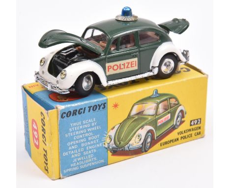 Corgi Toys Volkswagen European Police Car (492). In dark green and white POLIZEI livery, with light brown interior, dished sp