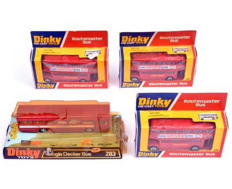 4x Dinky Toys buses. Single Decker Bus (283). 3x Routemaster Bus (289), Esso Safety Grip Tyres. All boxed/blister bubble pack