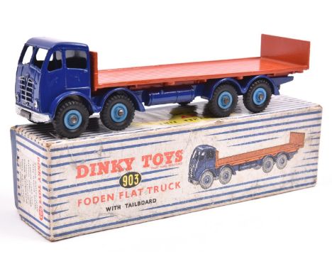 Dinky Supertoys Foden FG Flat Truck with Tailboard (903). Example with dark blue cab and chassis, light blue wheels and orang