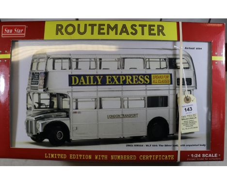 A Sun Star 1:24 scale London Transport Routemaster in 'unpainted' silver.  RM664, Garage FW7, destination board 285 to Wimble