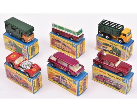 6 Matchbox Superfast. 4. Dodge Stake Truck, orange yellow cab and chassis, green tinted glazing with dark green body. 12. Set