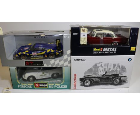 4 1:18 scale cars.  Point-of-Sale BMW Collection 507 in red. Bburago Porsche 356 POLIZET. UT Models Porsche 911 GT1, in metal