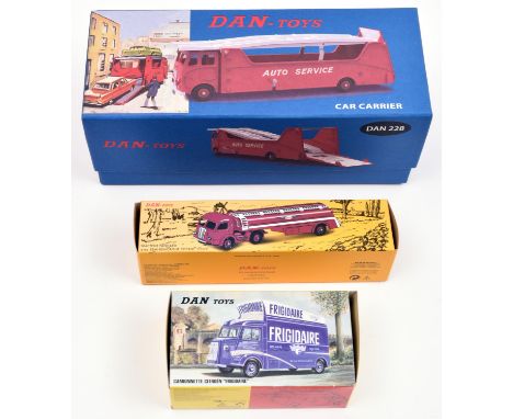 3 Dan Toys. Car Carrier Auto Service (DAN 228). An example in red and light grey. Camionnette Citroen Frigidaire (014) in blu