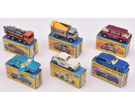 6x Matchbox Superfast. Lotus Europa in metallic blue (5e). Leyland Pipe Truck in orange (10d). Scaffolding Truck (11d). Volks