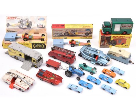 20x diecast vehicles by various makes, mainly Dinky. 3x boxed Dinky; 2x Dragster Sets (370), comprising Inch-Pincher Dragster