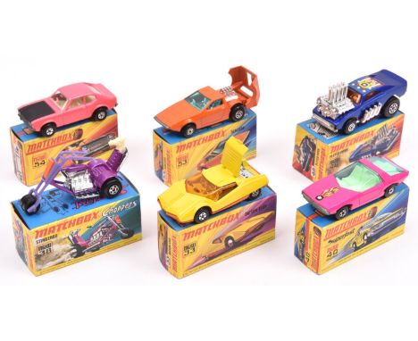 6x Matchbox New Superfast. Datsun 126X (33d). Stingeroo (38c). Vauxhall Guildsman in pink (40d). Pi-eyed Piper in metallic bl