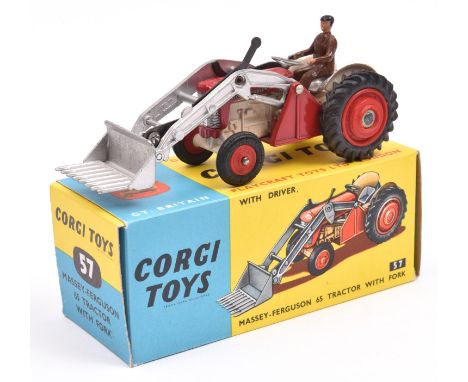 A Corgi Toys Massey-Ferguson 65 Tractor with Fork and Driver (57). In red and cream with red wheels and silver forks . Boxed,