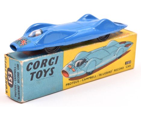 Corgi Toys Proteus-Campbell-'Bluebird' Record car (153A). In light blue livery with the U.K.'S Union Flag and U.S. Stars &amp