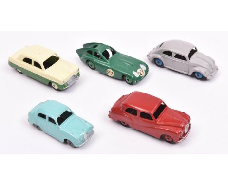 5 Dinky Toys Cars. Volkswagen (181) in light grey with mid blue wheels. Ford Zephyr (162) in cream and dark green, cream whee