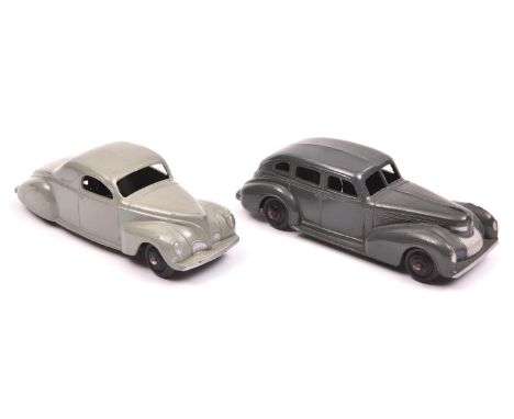 2 Dinky Toys 39 Series. Lincoln Zephyr Coupe (39c). An example in light grey with black crackle finish painted base, black ri