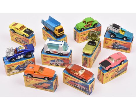 10 Matchbox Superfast. 42. Tyre Fryer in metallic blue, yellow interior, black base. 43. Dragon Wheels, lime green, black bas