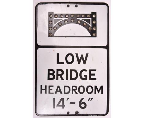 A Low Bridge Headroom 14'-6" roadside enamelled sign by Gowshall Limited. Black and white enamel with 'fruit gum' reflectors.