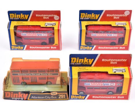 4x Dinky Toys buses. 3x Routemaster Bus (289), Esso Safety Grip Tyres. A Leyland Atlantean City Bus (291). All boxed/blister 