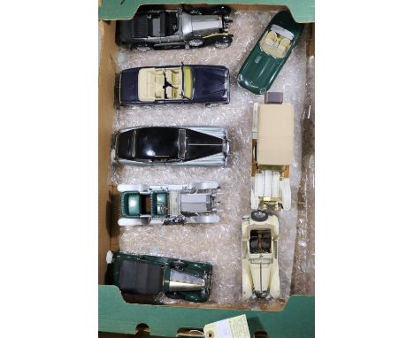 8 Franklin Mint English cars. 5x Rolls Royce - 1907 Silver Ghost in silver. 1911 Tourer in white. 1925 Silver Ghost in silver