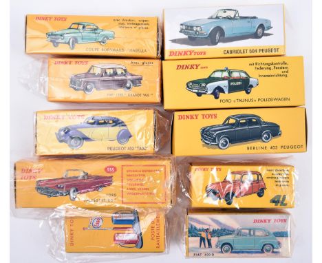 10 Atlas Dinky.  Peugeot 402 TAXI (24L), Peugeot 403 Berline (24B), ESSO Petrol Pumps (49D), Renault 4L (518), Fiat 600D (520