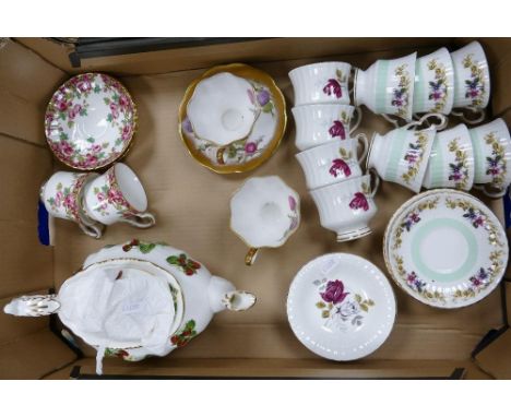 A mixed collection of items to include: Hammersley Strawberry ripe teapot, floral decored Royal Stafford, Grovenor and Royal 