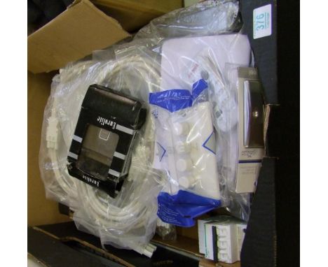 A collection of electrical items: to include light switches, fuse box, cables, outdoor light etc. 