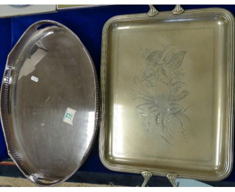 Quality Silver Plated Galleried Oval Tray together with larger oblong item(2) 