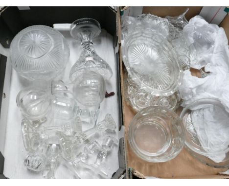 A mixed collection of items to include: cut and pressed glass ware including. Candlesticks, goblets, lamp base, bowls etc (2 