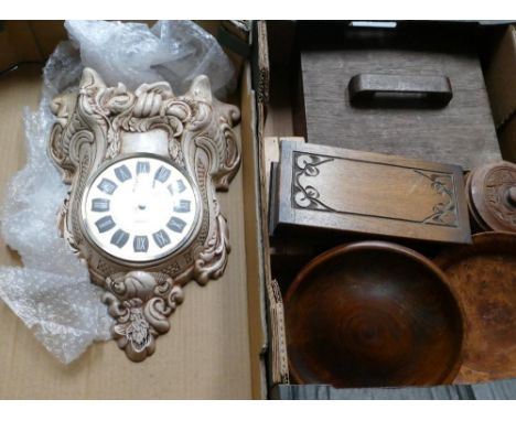 A mixed collection of items to include: Carved wooden boxes, circular similar bowls, Olive wood stands together with large ce