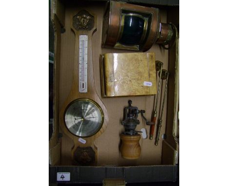 Oak wooden barometer, brass Miners lamp together with a musical cigarette box, etc - (1 tray) 