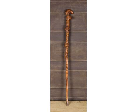 A Fine Early 19th Century Folk Art Walking Stick of elaborately carved boxwood signed R. Budgen Fecit. The handle carved in t