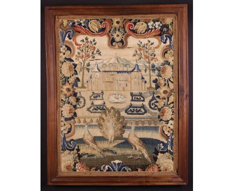 An Attractive Early 18th Century Tapestry Panel depicting a chateau set in a classical garden-landscape with a peacock and tw