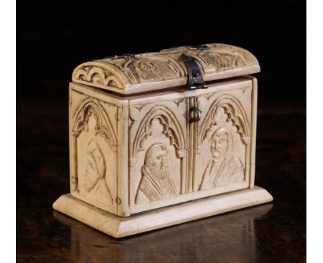 A 19th Century Miniature Carved Ivory Style Casket of rectangular form having a domed lid on strap hinges and portrait busts 