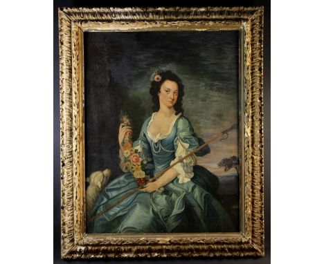 A Large Late 18th Century Oil on Canvas: Three-quarter Length portrait of a Lady holding a garland of flowers with a lamb at 