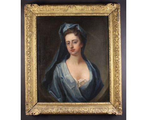 English School.  An 18th Century Oil on Canvas: Head & Shoulders Portrait of a Lady wearing a blue head scarf & dress, painte