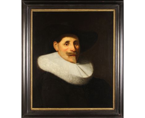 Follower of Anthony van Dyck. Oil on Canvas; Portrait of a bearded Dutch merchant with large brimmed hat and ruff collar, 27½