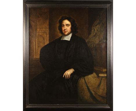 William Wissing. Oil on Canvas: A Rare Signed Portrait of a Clergyman seated aside a draped table with books, and classical b