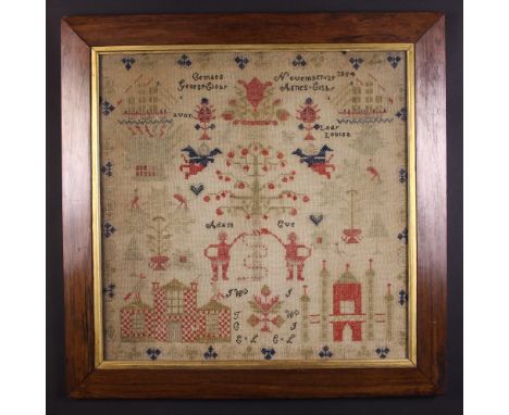A Victorian Sampler commemorating George & Agnes Iseby, dated November 1854 with initials, and stitched in silks and wool on 