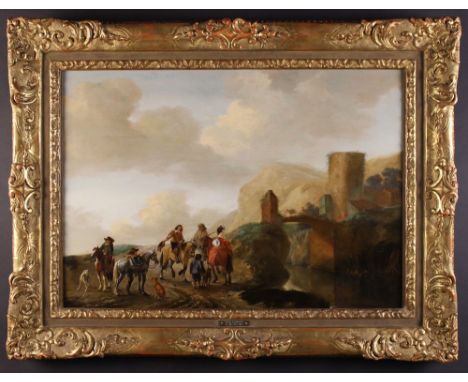 Philips Wouverman (1619-1668). A Fine 17th Century Oil on Panel: Travellers in landscape Circa 1645, monogramed lower right P