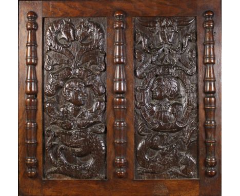 Two Pairs of 16th Century Carved Romayne Panels. Each panel carved with a profiled portrait head amidst scrolling ornamentati