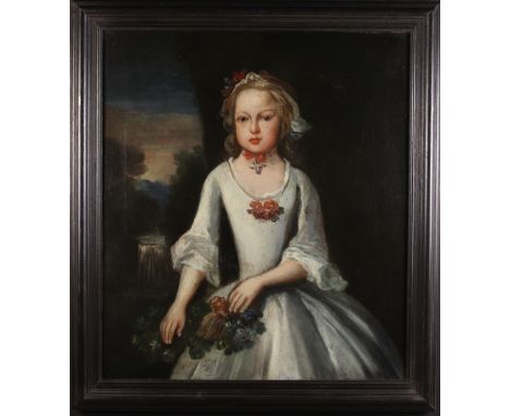 An 18th Century English Provincial School. Oil on Canvas; Portrait of a girl wearing white linen dress festooned with flowers