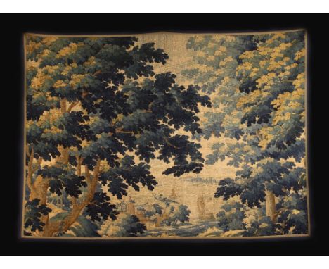 A Small Early 18th Century Aubusson Tapestry (with certificate) depicting a verdure landscape with a sailing boat and turrete