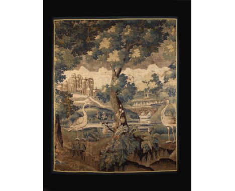 A Late 17th/Early 18th Century Verdure Tapestry Fragment depicting a Parkland scene with geese in foreground beside a tall le