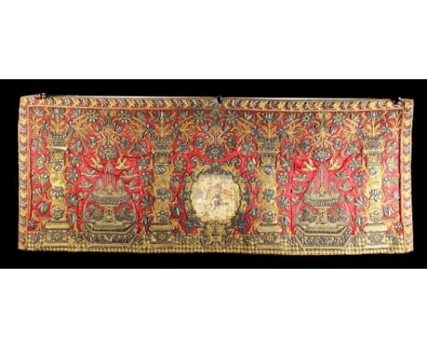 A Fine 17th Century Flemish Stumpwork Embroidery having a scrolling cartouche to the centre embroidered in coloured silks wit