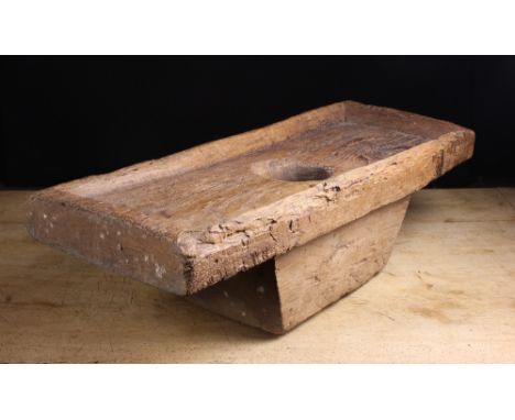 A Dug Out Rustic Work Bench Top. The long rectangular tray top with raised bevel borders and a round aperture to the centre a