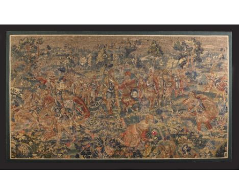 A 16th Century Tapestry Panel mounted on a stretcher, depicting figures in landscape edged in a banded border, 47 ins x 80½ i