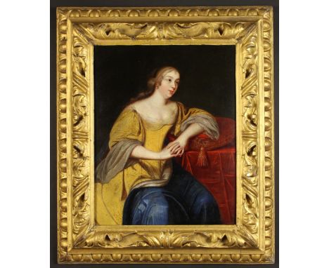 Attributed to Frans van Mieris. A 17th Century Oil on Cradled Oak Panel: Three-quarter Length Portrait of an elegant lady bel