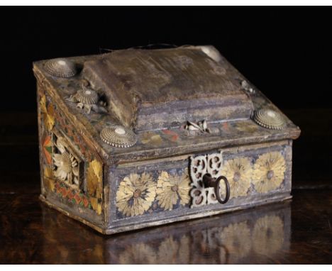 A Small Late 18th/Early 19th Century Work Box decorated with straw-work, carved ivory appliqués and paint. The sloped lid inc