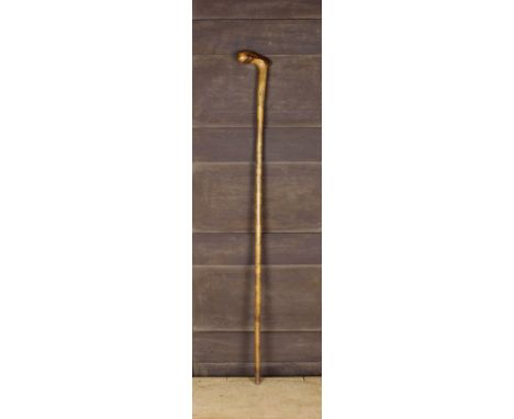 A Fine Quality 19th Century English Engraved Fruitwood Walking Stick having a burr figured knop handle above bands of elborat