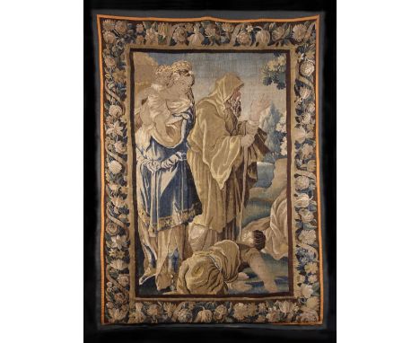 A Small Late 17th/Early 18th Century Tapestry Wall Hanging. Depicting a woman and child in landscape lead by a cloaked, beard